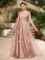 A-Line/Princess Tulle Applique V-neck Sleeveless Floor-Length Dresses