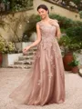 A-Line/Princess Tulle Applique V-neck Sleeveless Floor-Length Dresses