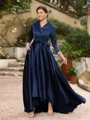 A-Line/Princess Satin Ruched V-neck Long Sleeves Asymmetrical Mother of the Bride Dresses