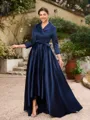 A-Line/Princess Satin Ruched V-neck Long Sleeves Asymmetrical Mother of the Bride Dresses