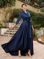 A-Line/Princess Satin Ruched V-neck Long Sleeves Asymmetrical Mother of the Bride Dresses