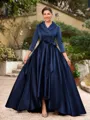 A-Line/Princess Satin Ruched V-neck Long Sleeves Asymmetrical Mother of the Bride Dresses