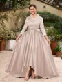 A-Line/Princess Satin Ruched V-neck Long Sleeves Asymmetrical Mother of the Bride Dresses