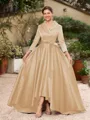 A-Line/Princess Satin Ruched V-neck Long Sleeves Asymmetrical Mother of the Bride Dresses