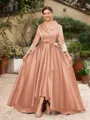 A-Line/Princess Satin Ruched V-neck Long Sleeves Asymmetrical Mother of the Bride Dresses