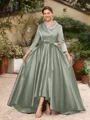 A-Line/Princess Satin Ruched V-neck Long Sleeves Asymmetrical Mother of the Bride Dresses