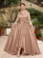 A-Line/Princess Satin Ruched V-neck Long Sleeves Asymmetrical Mother of the Bride Dresses