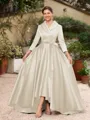 A-Line/Princess Satin Ruched V-neck Long Sleeves Asymmetrical Mother of the Bride Dresses