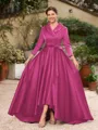 A-Line/Princess Satin Ruched V-neck Long Sleeves Asymmetrical Mother of the Bride Dresses