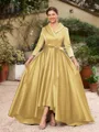 A-Line/Princess Satin Ruched V-neck Long Sleeves Asymmetrical Mother of the Bride Dresses