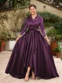 A-Line/Princess Satin Ruched V-neck Long Sleeves Asymmetrical Mother of the Bride Dresses