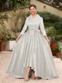 A-Line/Princess Satin Ruched V-neck Long Sleeves Asymmetrical Mother of the Bride Dresses