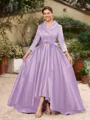 A-Line/Princess Satin Ruched V-neck Long Sleeves Asymmetrical Mother of the Bride Dresses