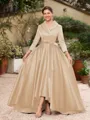 A-Line/Princess Satin Ruched V-neck Long Sleeves Asymmetrical Mother of the Bride Dresses