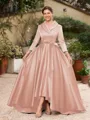 A-Line/Princess Satin Ruched V-neck Long Sleeves Asymmetrical Mother of the Bride Dresses