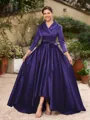 A-Line/Princess Satin Ruched V-neck Long Sleeves Asymmetrical Mother of the Bride Dresses