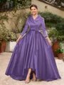 A-Line/Princess Satin Ruched V-neck Long Sleeves Asymmetrical Mother of the Bride Dresses