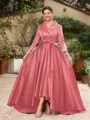 A-Line/Princess Satin Ruched V-neck Long Sleeves Asymmetrical Mother of the Bride Dresses