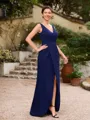 Sheath/Column Stretch Crepe Ruched V-neck Sleeveless Floor-Length Mother of the Bride Dresses