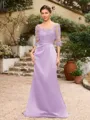 Sheath/Column Satin Applique Bateau 1/2 Sleeves Sweep/Brush Train Mother of the Bride Dresses