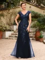 Sheath/Column Tulle Applique V-neck Short Sleeves Floor-Length Mother of the Bride Dresses