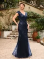 Sheath/Column Tulle Applique V-neck Short Sleeves Floor-Length Mother of the Bride Dresses