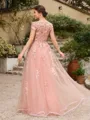 A-Line/Princess Tulle Applique Bateau Short Sleeves Floor-Length Dresses