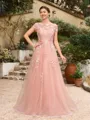 A-Line/Princess Tulle Applique Bateau Short Sleeves Floor-Length Dresses
