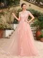 A-Line/Princess Tulle Applique Bateau Short Sleeves Floor-Length Dresses