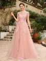 A-Line/Princess Tulle Applique Bateau Short Sleeves Floor-Length Dresses