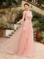A-Line/Princess Tulle Applique Bateau Short Sleeves Floor-Length Dresses