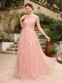 A-Line/Princess Tulle Applique Bateau Short Sleeves Floor-Length Dresses