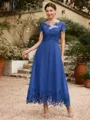A-Line/Princess Chiffon Applique Bateau Short Sleeves Tea-Length Mother of the Bride Dresses