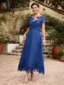 A-Line/Princess Chiffon Applique Bateau Short Sleeves Tea-Length Mother of the Bride Dresses
