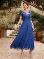 A-Line/Princess Chiffon Applique Bateau Short Sleeves Tea-Length Mother of the Bride Dresses