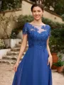 A-Line/Princess Chiffon Applique Bateau Short Sleeves Tea-Length Mother of the Bride Dresses