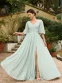 A-Line/Princess Chiffon Ruched V-neck 1/2 Sleeves Floor-Length Mother of the Bride Dresses