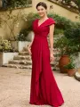 Sheath/Column Jersey Ruched V-neck Short Sleeves Floor-Length Mother of the Bride Dresses
