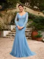Sheath/Column Tulle Applique V-neck Long Sleeves Sweep/Brush Train Mother of the Bride Dresses