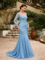 Sheath/Column Tulle Applique V-neck Long Sleeves Sweep/Brush Train Mother of the Bride Dresses