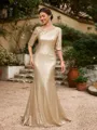 Sheath/Column Sequins Ruched 1/2 Sleeves Sweep/Brush Train Mother of the Bride Dresses