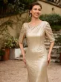 Sheath/Column Sequins Ruched 1/2 Sleeves Sweep/Brush Train Mother of the Bride Dresses