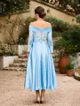A-Line/Princess Silk Like Satin Ruched Off-the-Shoulder Long Sleeves Tea-Length Mother of the Bride Dresses