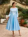 A-Line/Princess Silk Like Satin Ruched Off-the-Shoulder Long Sleeves Tea-Length Mother of the Bride Dresses