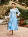 A-Line/Princess Silk Like Satin Ruched Off-the-Shoulder Long Sleeves Tea-Length Mother of the Bride Dresses