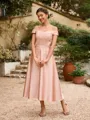 A-Line/Princess Satin Applique Off-the-Shoulder Sleeveless Tea-Length Mother of the Bride Dresses