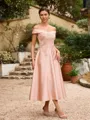 A-Line/Princess Satin Applique Off-the-Shoulder Sleeveless Tea-Length Mother of the Bride Dresses