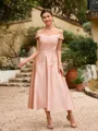 A-Line/Princess Satin Applique Off-the-Shoulder Sleeveless Tea-Length Mother of the Bride Dresses