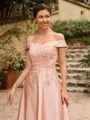 A-Line/Princess Satin Applique Off-the-Shoulder Sleeveless Tea-Length Mother of the Bride Dresses