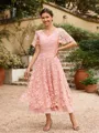 A-Line/Princess Chiffon Applique V-neck Short Sleeves Tea-Length Dresses